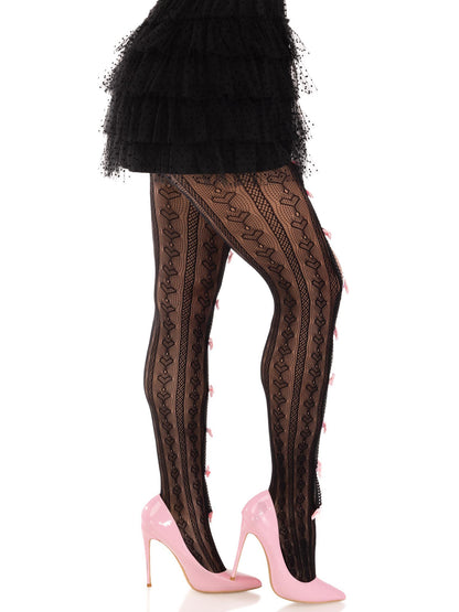 Sweetheart Striped Net Tights With Keyhole and Mini Bow Detail - One Size - Black by Leg Avenue