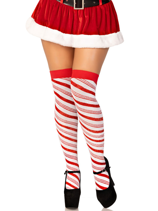 Leg Avenue Candy Cane Lurex Over-the-Knee Socks — White/Red, One Size - LA-6647WHTOS