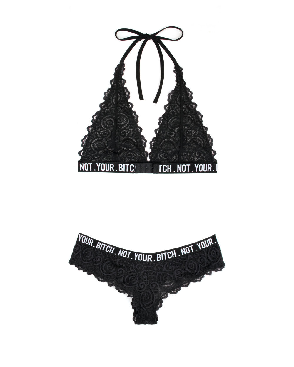 Fantasy Lingerie Not Your Bitch Lace Halter Bralette & Cheeky Set — Black S/M - FL-BAF902-SM